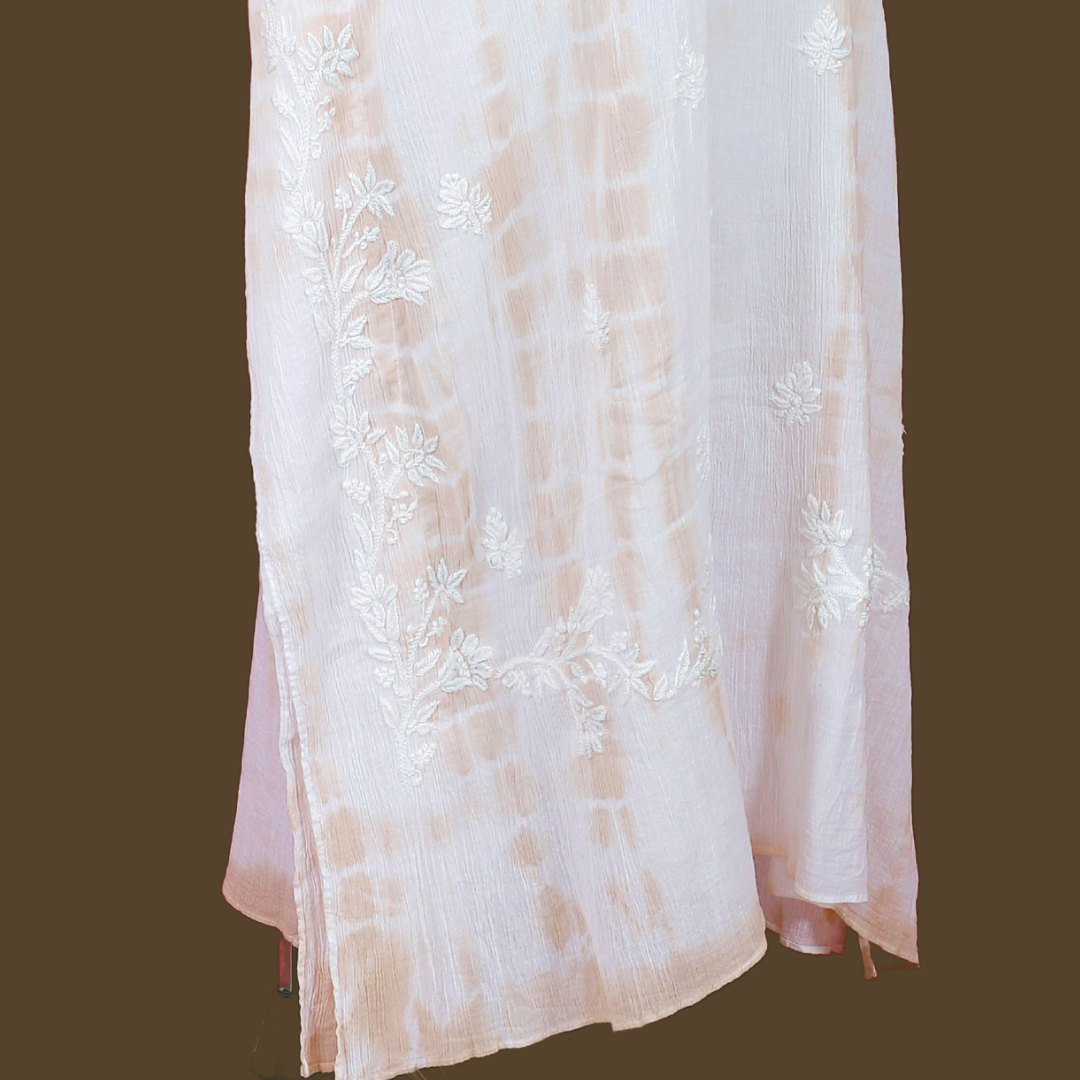 Crush Cotton Tie & Dye Chikankari Kaftan (Beige & White)