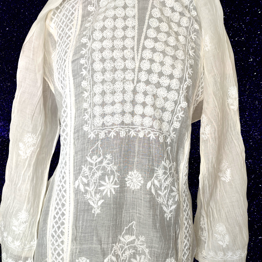 Mul Chanderi Semi Stitch Chikankari Staright Kurta fabric-Dyeable (White)
