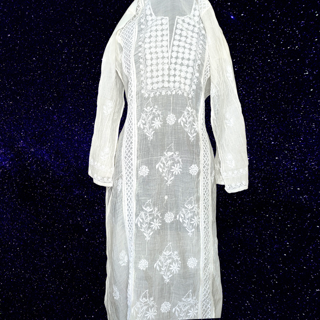 Mul Chanderi Semi Stitch Chikankari Staright Kurta fabric-Dyeable (White)
