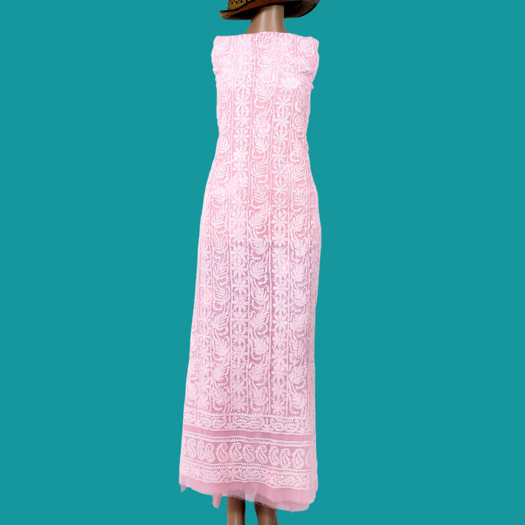 Georgette Chikankari Kurta Fabric (Peach)