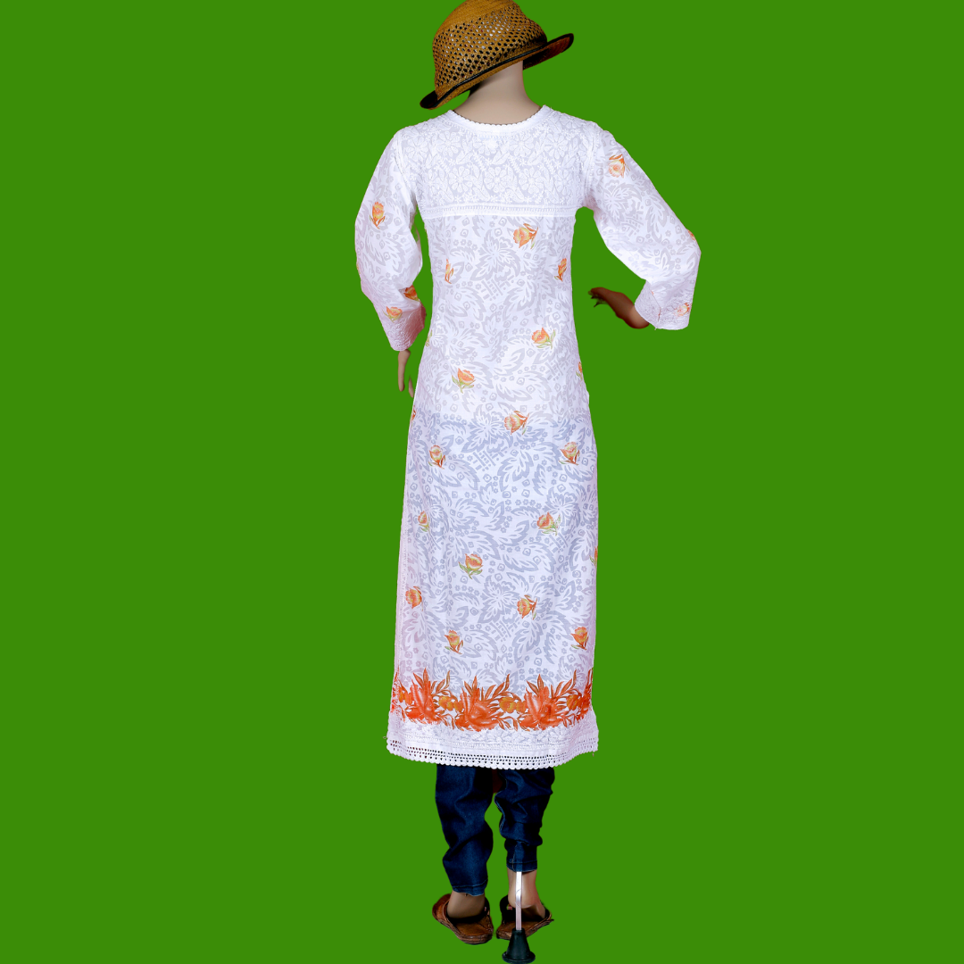 Cotton Embossed Chikankari Kurta with Orange print (White)