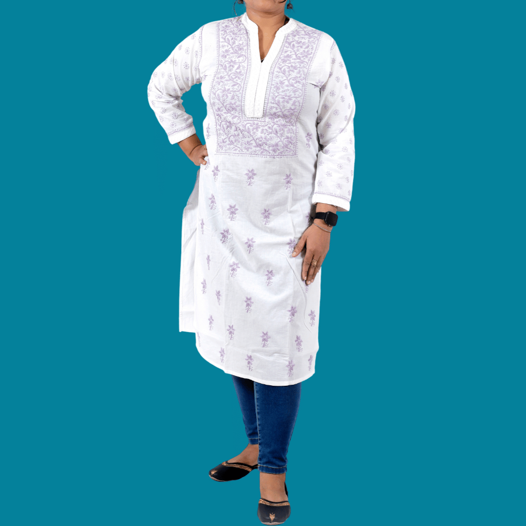 Cotton Chikankari kurta with Purple embroidery (White)