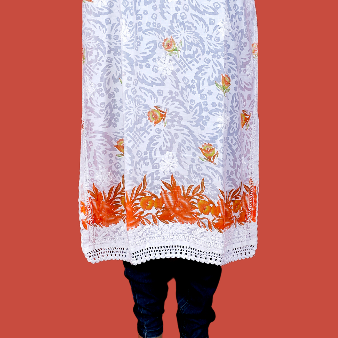 Cotton Embossed Chikankari Kurta with Orange print (White)