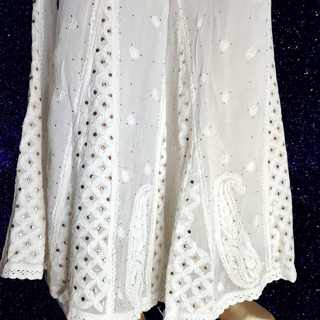 Viscose Georgette Chikankari flare Palazzo with Badla- Dyeable (White)