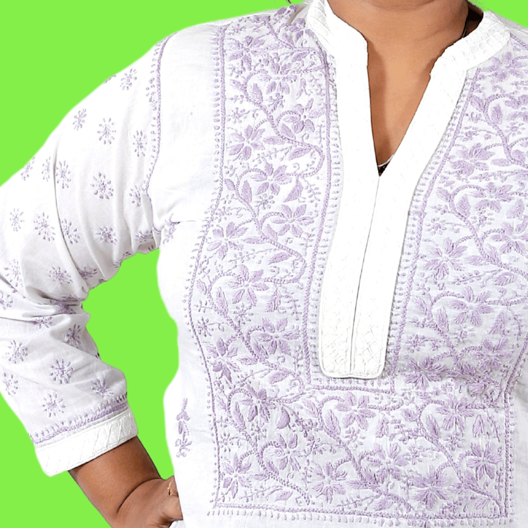 Cotton Chikankari kurta with Purple embroidery (White)
