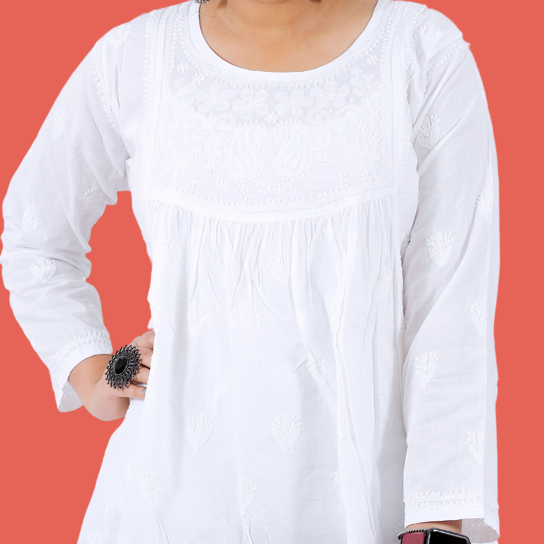 Cotton Chikankari Top with Flare (White)