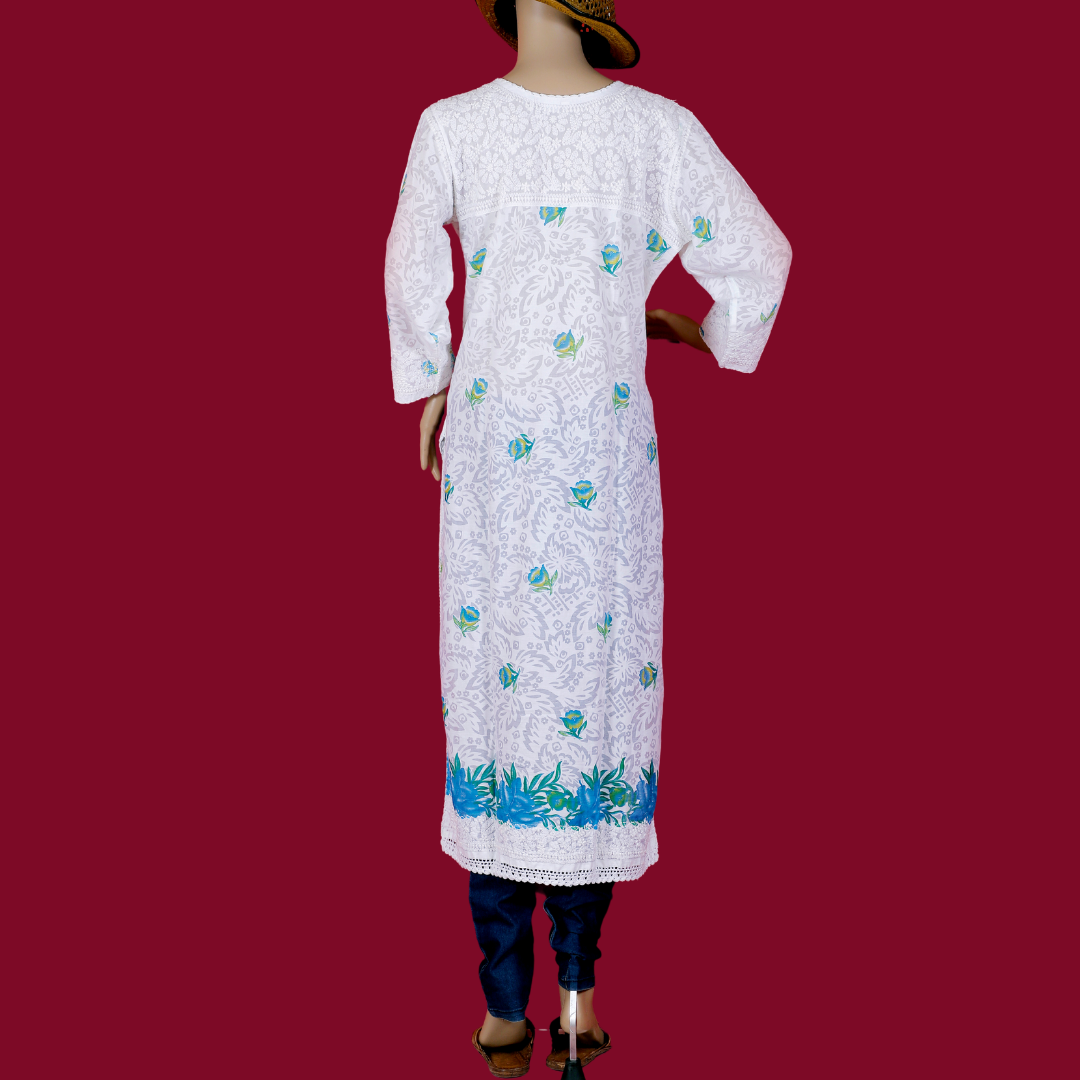 Cotton Embossed Chikankari Kurta with Blue print (White)