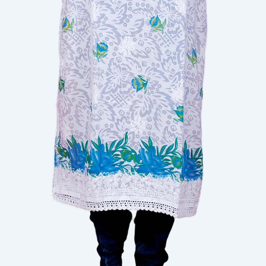 Cotton Embossed Chikankari Kurta with Blue print (White)