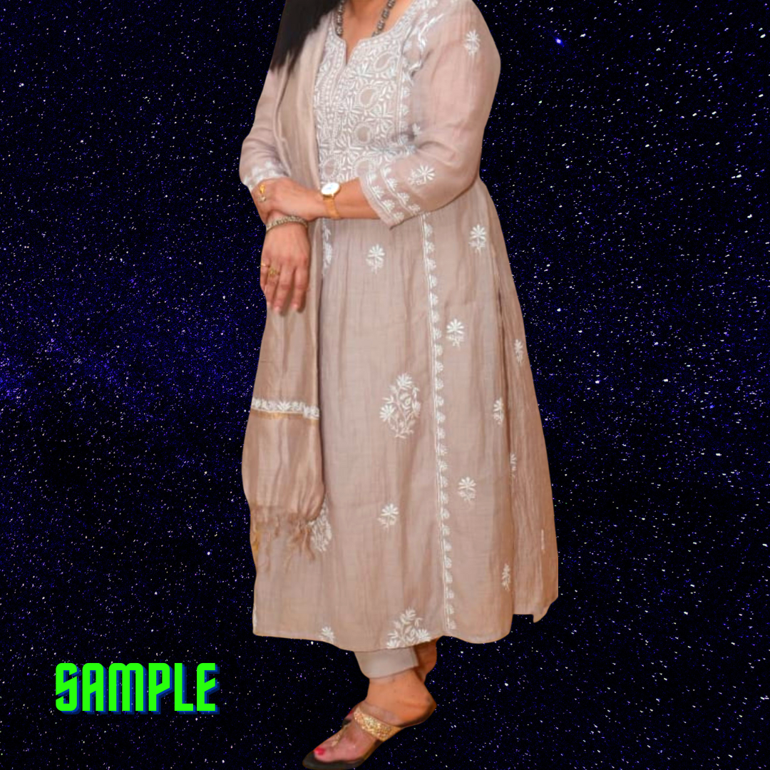Chanderi Tissue Pure Silk Semi Stitch Chikankari Angarkha Kurta fabric and Dupatta-Dyeable