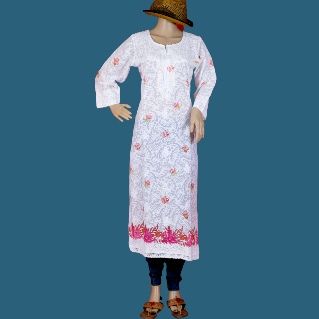 Cotton Embossed Chikankari Kurta with Pink print (White)