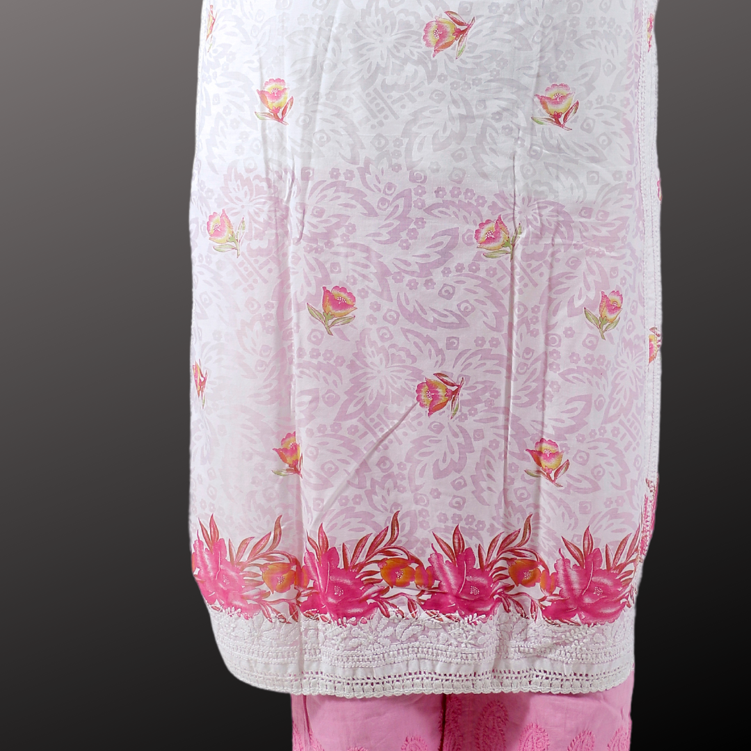 Cotton Embossed Chikankari Kurta with Pink print (White)
