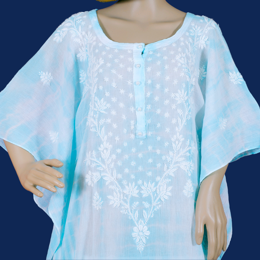 Crush Cotton Tie & Dye Chikankari Kaftan (Blue and White)