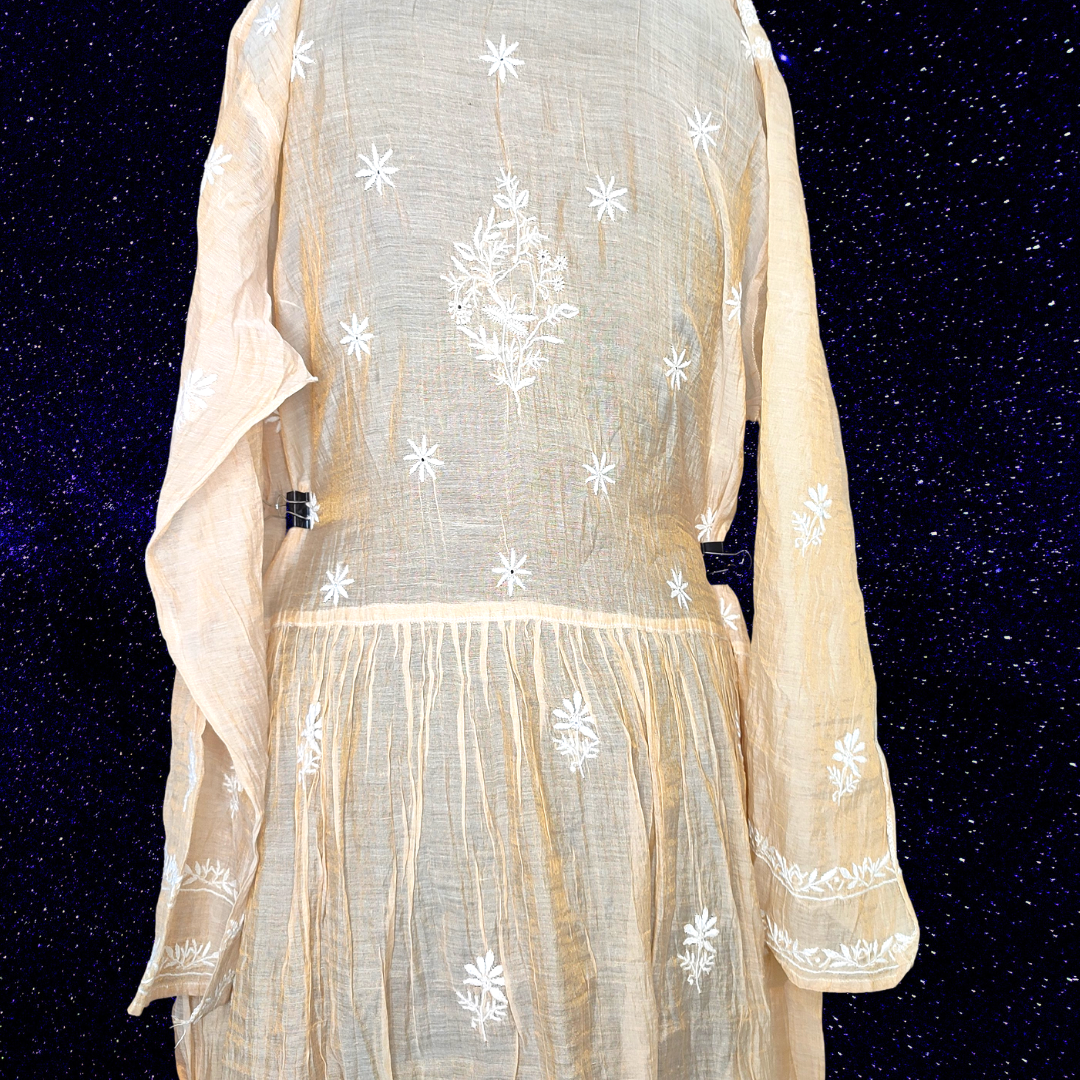 Chanderi Tissue Pure Silk Semi Stitch Chikankari Angarkha Kurta fabric and Dupatta-Dyeable