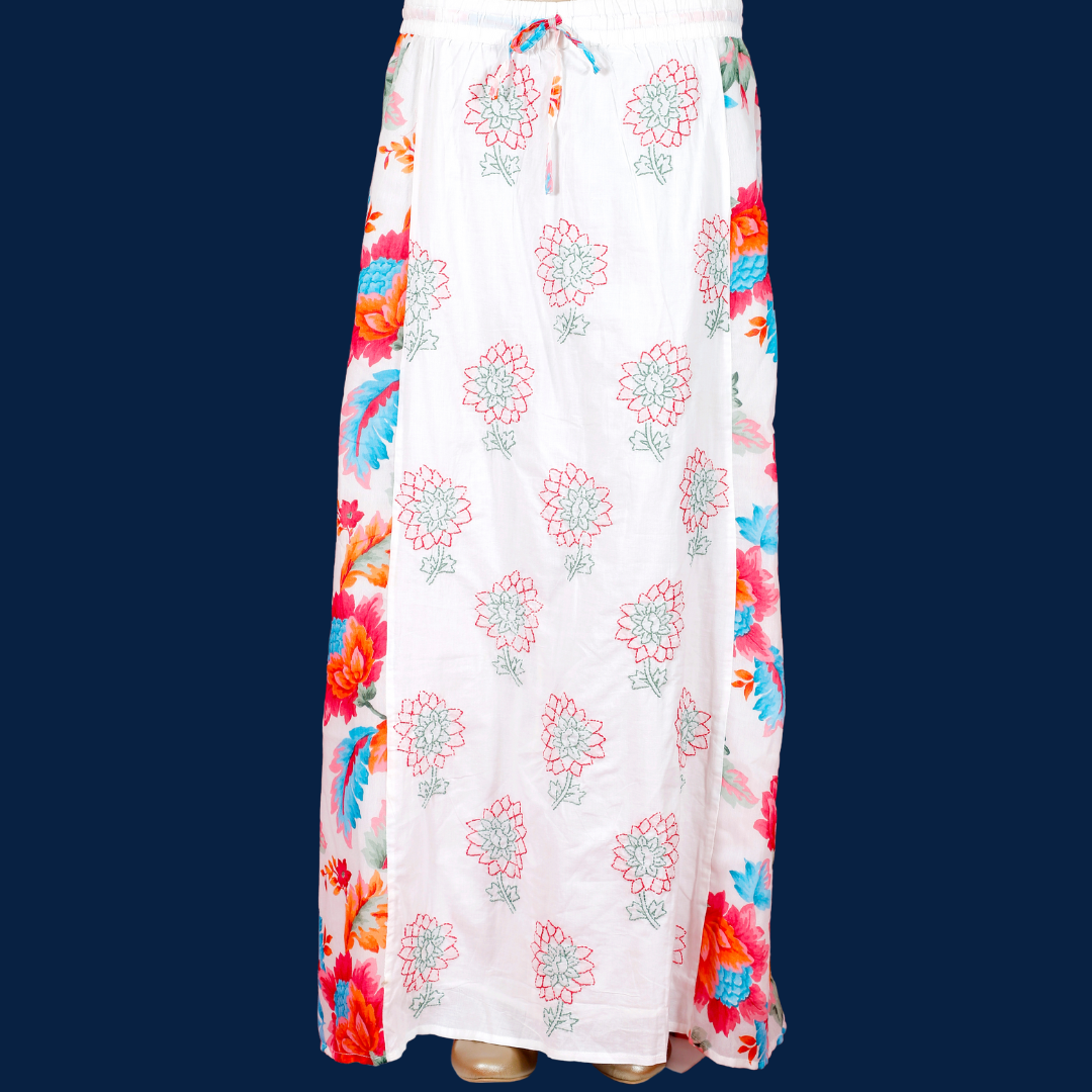 Cotton Chikankari Skirt with colorful print (White)