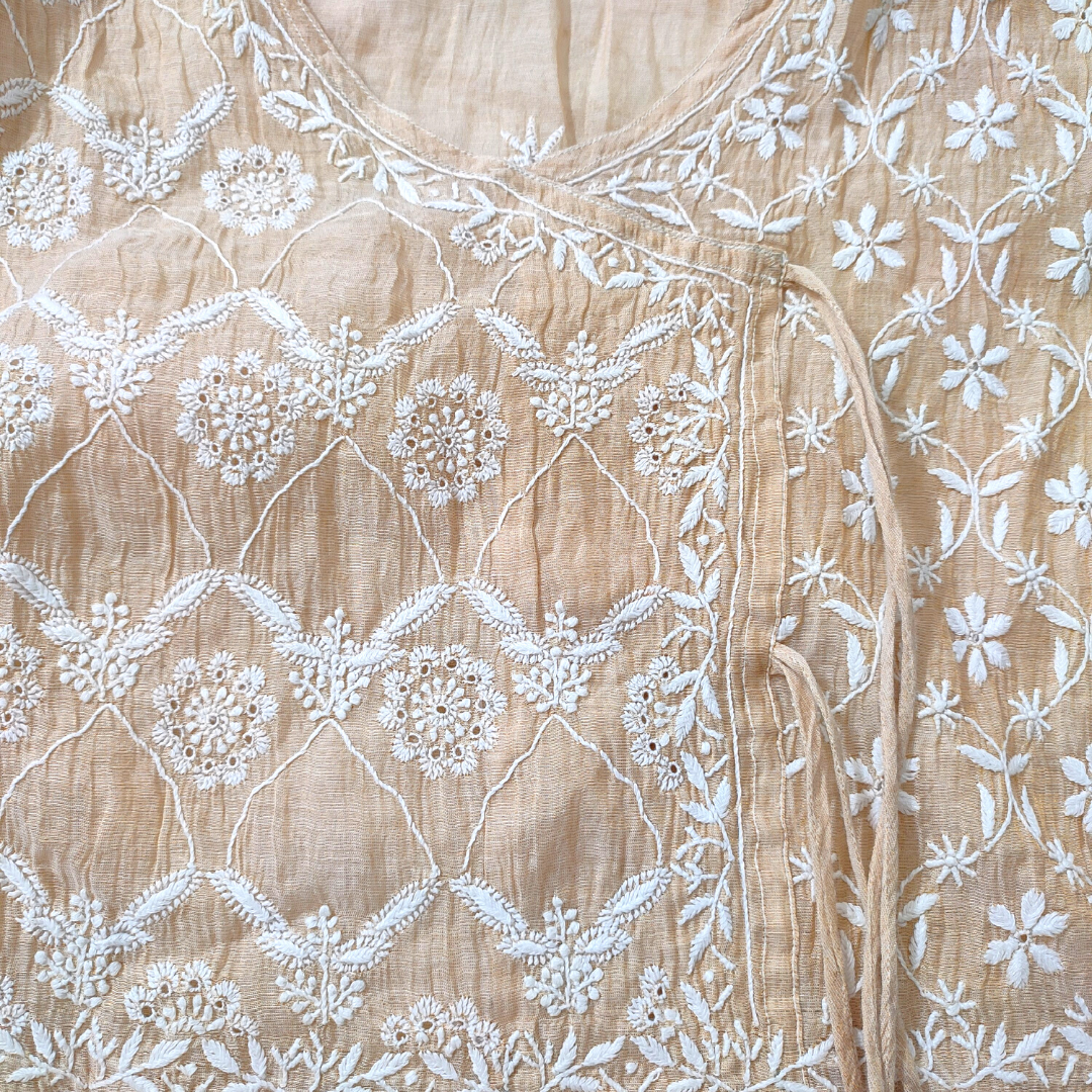 Chanderi Tissue Pure Silk Semi Stitch Chikankari Angarkha Kurta fabric and Dupatta-Dyeable