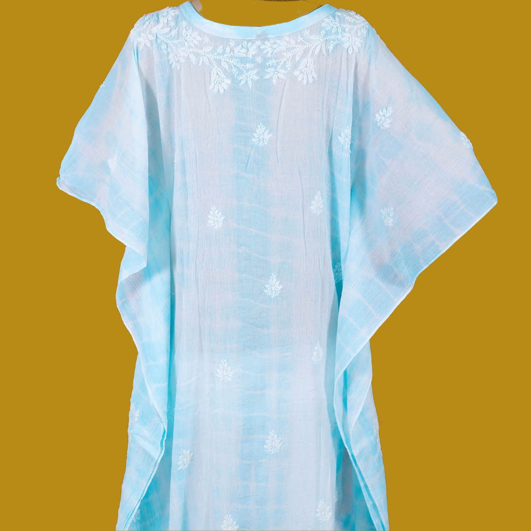 Crush Cotton Tie & Dye Chikankari Kaftan (Blue and White)