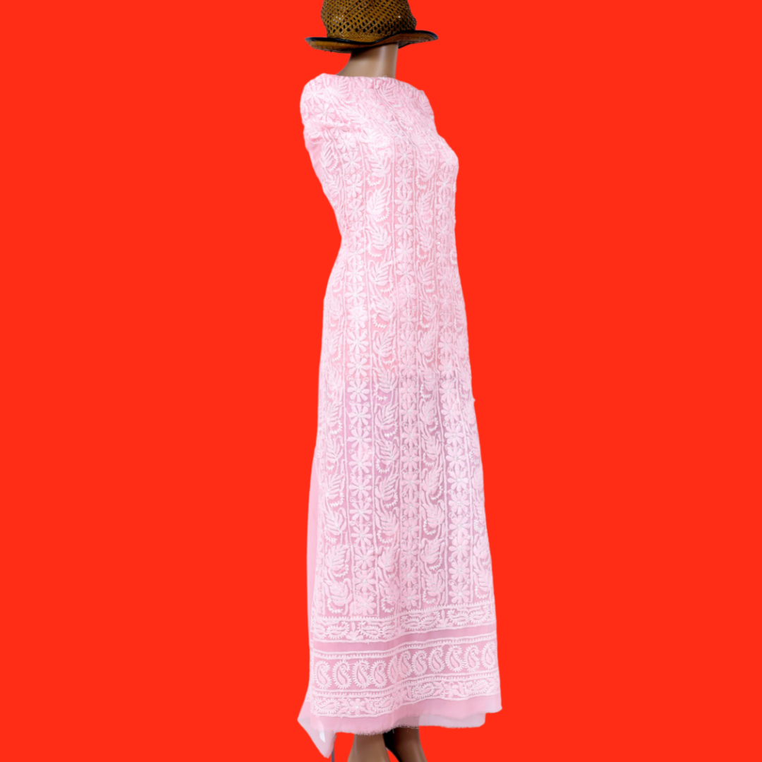Georgette Chikankari Kurta Fabric (Peach)