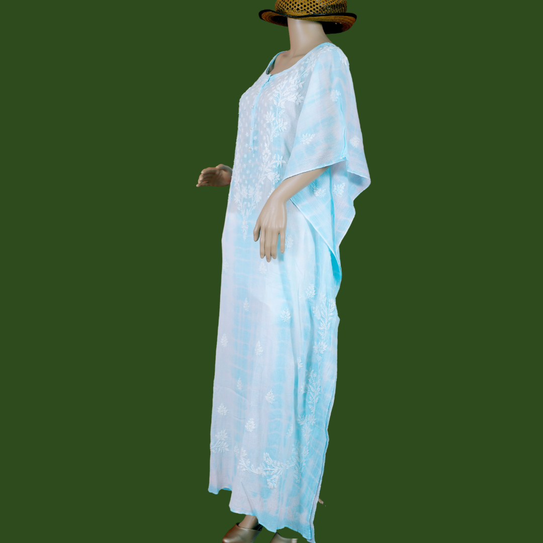 Crush Cotton Tie & Dye Chikankari Kaftan (Blue and White)