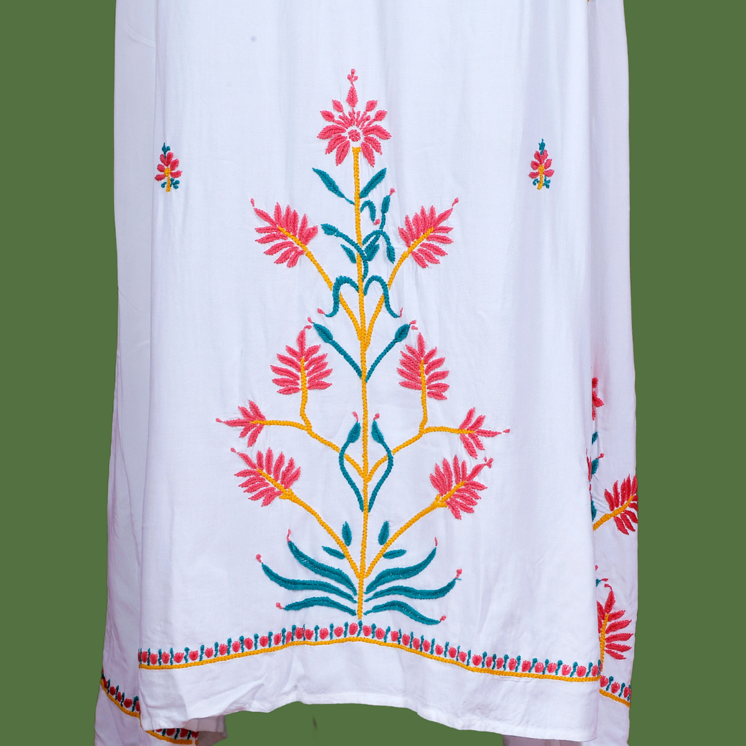 Rayon Chikankari Off Shoulder Dress with short sleeves (White)