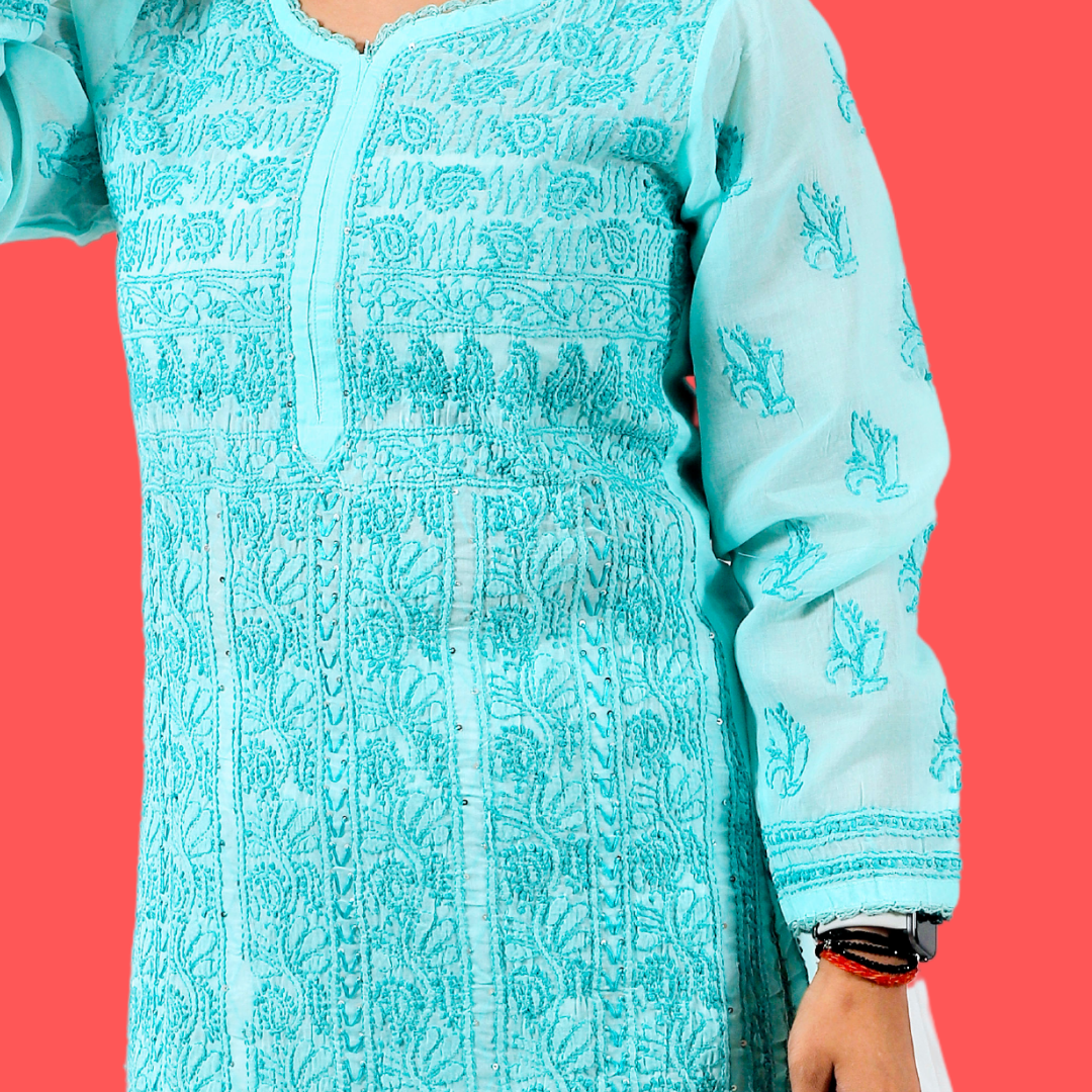 Cotton Chikankari Kurta with Sequence (Blue)