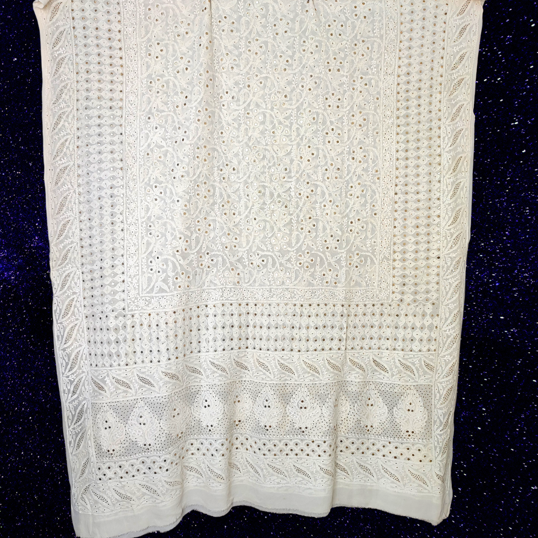 Pure Georgette All Over Chikankari Dupatta with Badla -Dyeable (White)