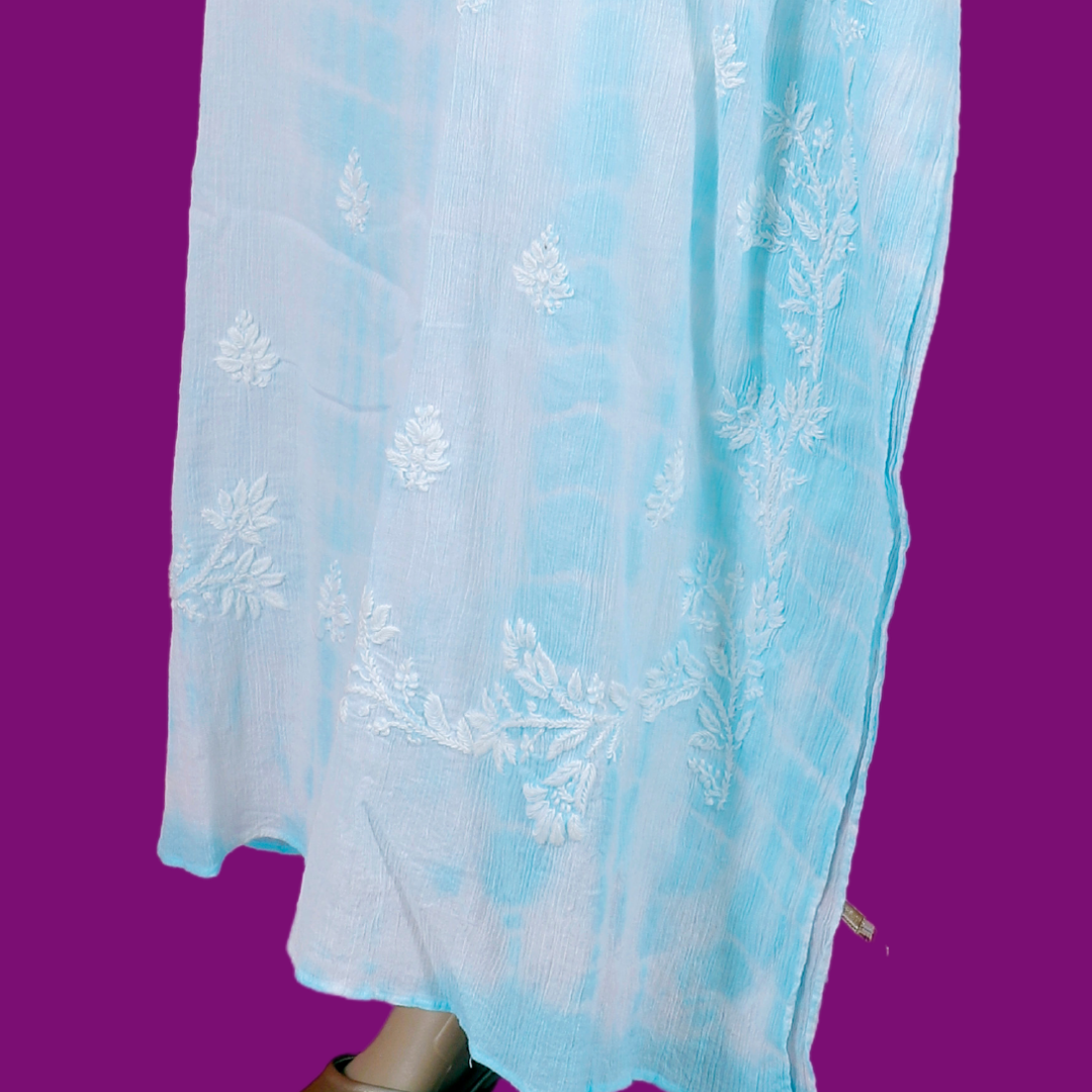 Crush Cotton Tie & Dye Chikankari Kaftan (Blue and White)
