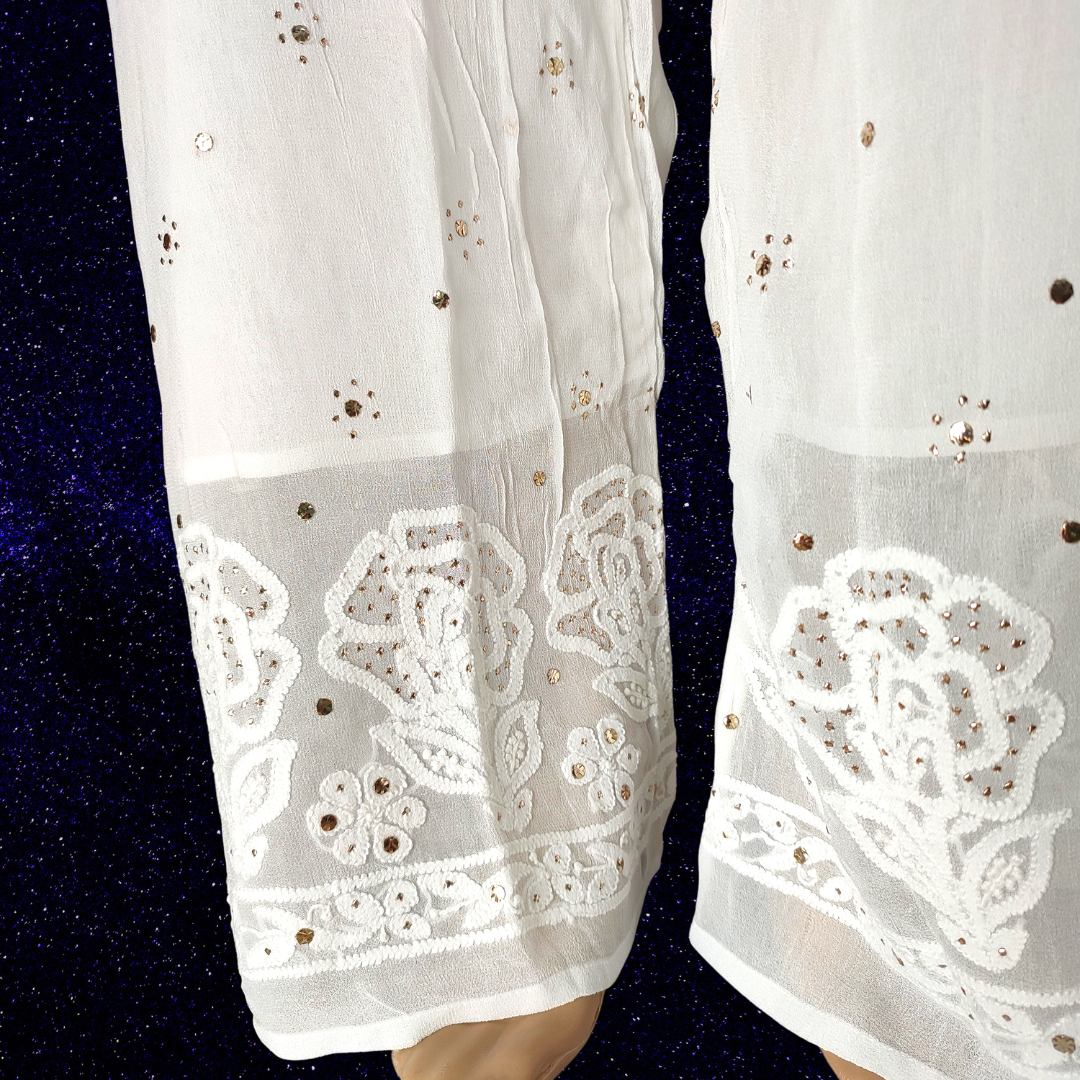 Viscose Georgette Chikankari Straight Palazzo with Badla -Dyeable (White)