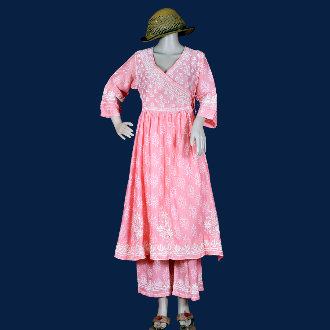 Chanderi Chikankari Angarkha with Palazzo (Peach)