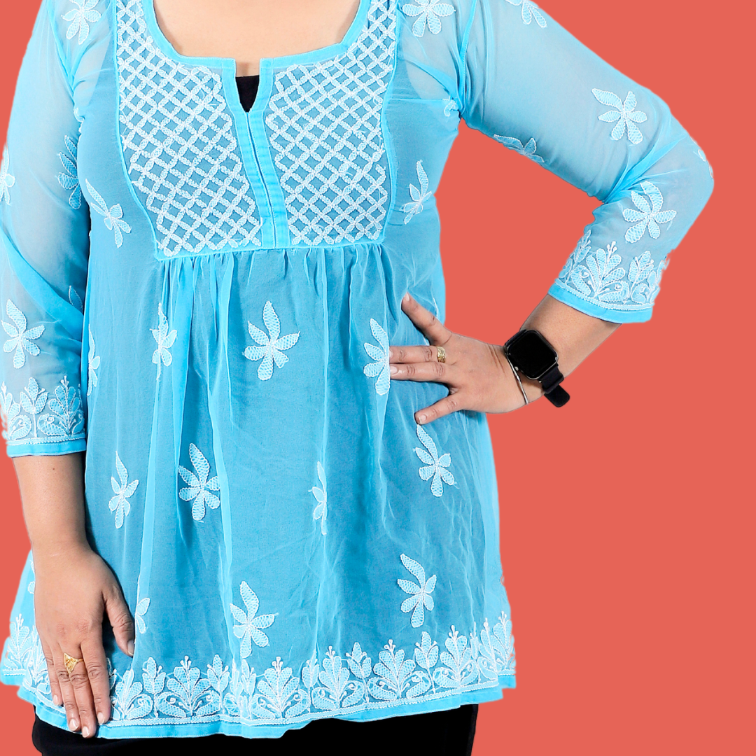 Georgette Chikankari Frock Top Light Blue mymanjari