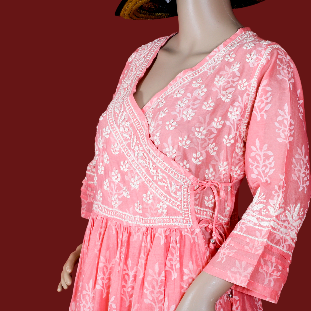Chanderi Chikankari Angarkha with Palazzo (Peach)