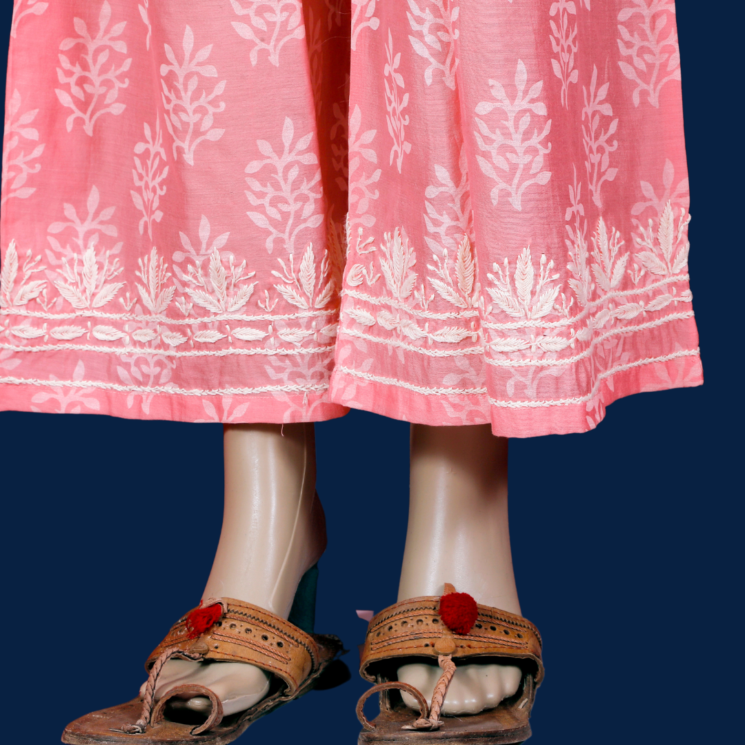 Chanderi Chikankari Angarkha with Palazzo (Peach)