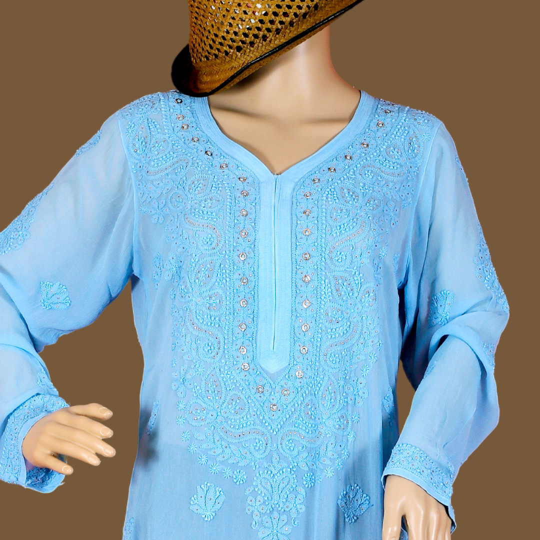 Viscose Georgette Chikankari Kurta with Badla (Blue)