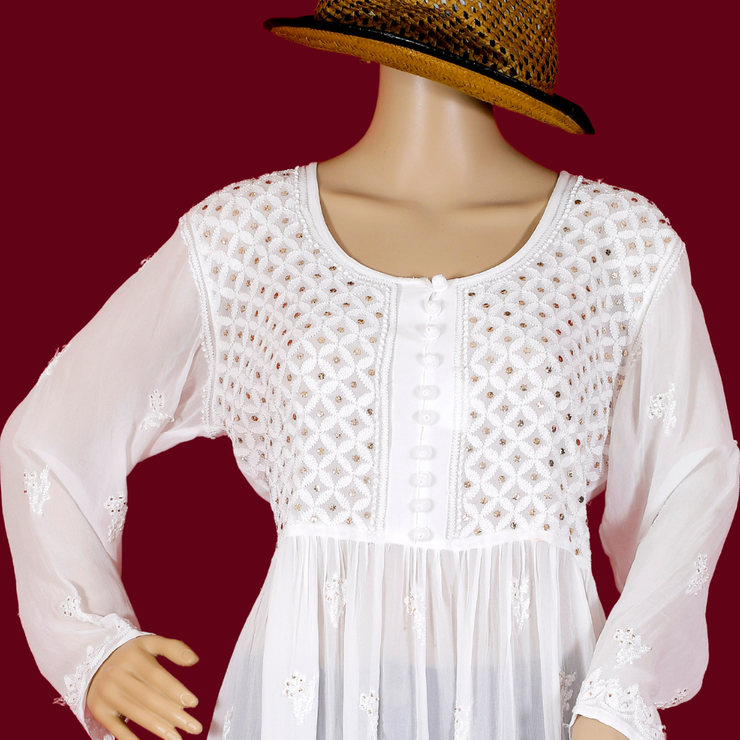 Viscose Georgette Short Chikankari Kurti/ Top/ Tunic with Badla-Dyeable (White)