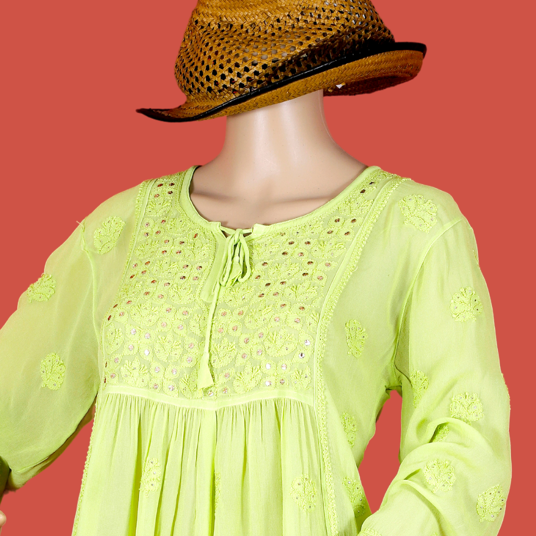 Viscose Georgette Short Kurti/ Top/ Tunic with Badla (Green)