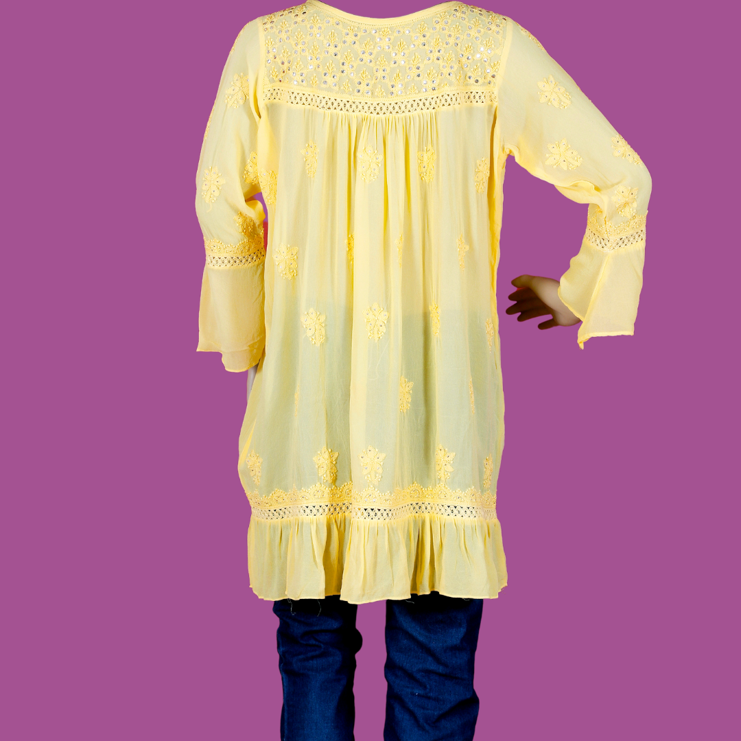 Viscose Georgette Short Kurti/ Top/ Tunic with Badla (Yellow)