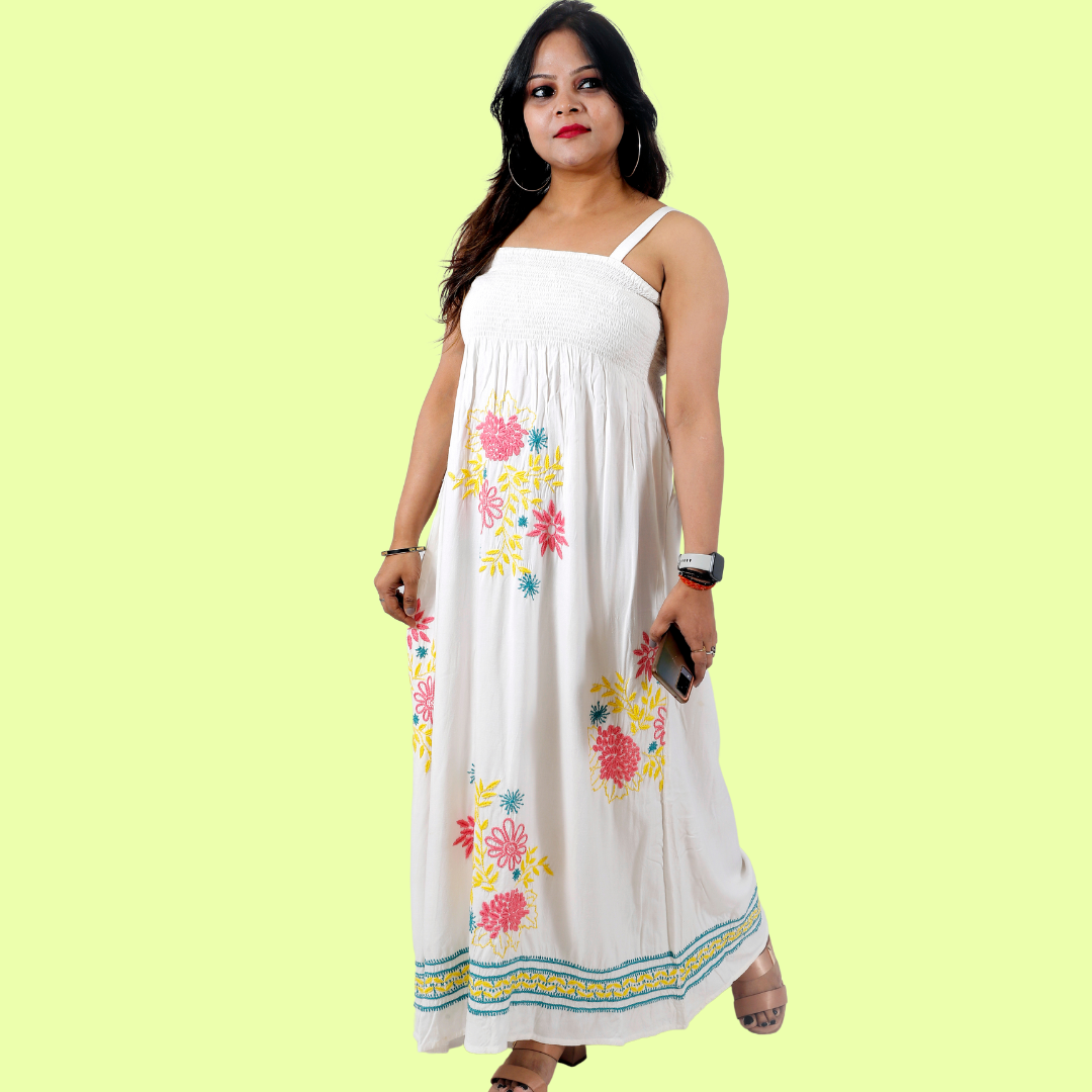 Rayon Chikankari Off Shoulder Dress (White)