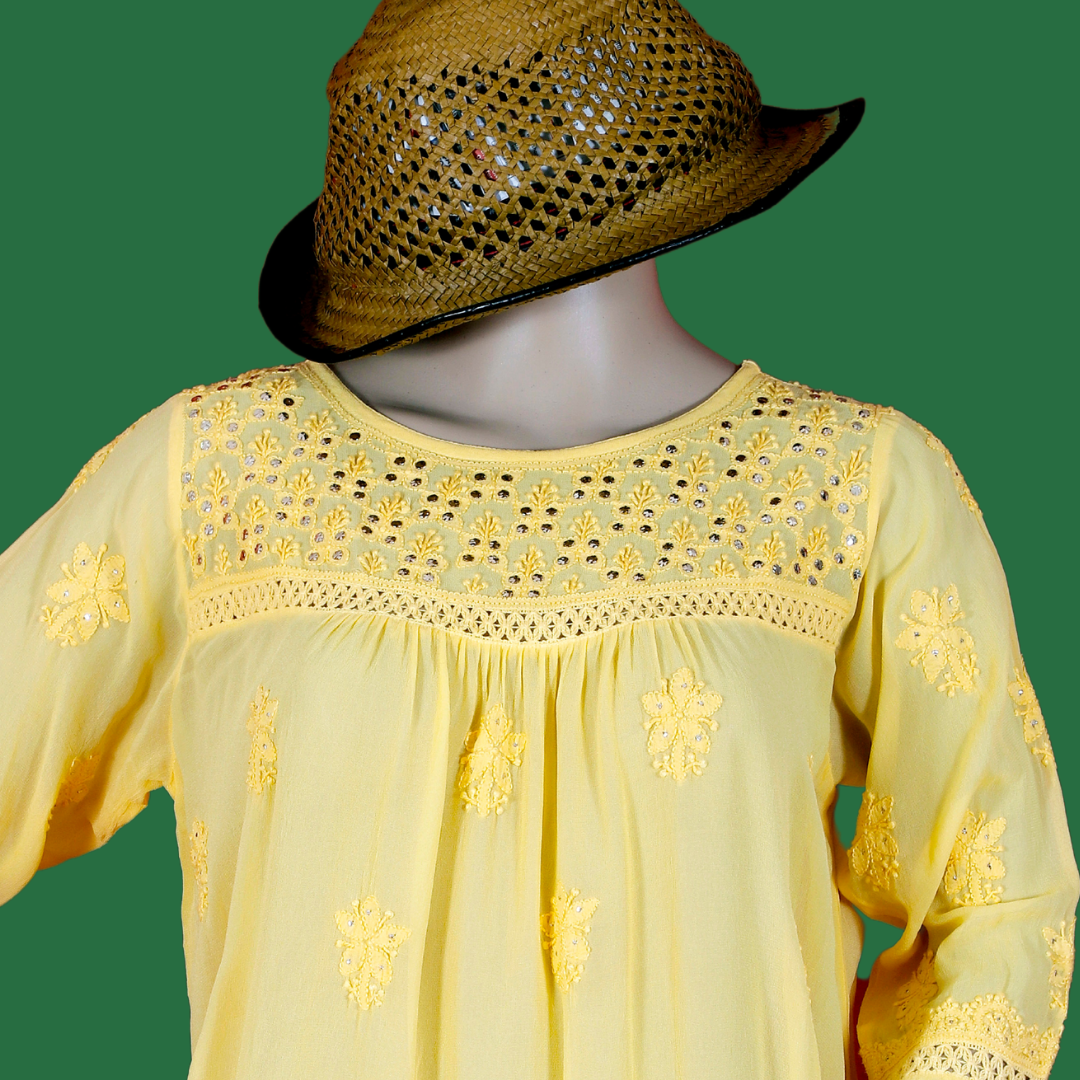Viscose Georgette Short Kurti/ Top/ Tunic with Badla (Yellow)