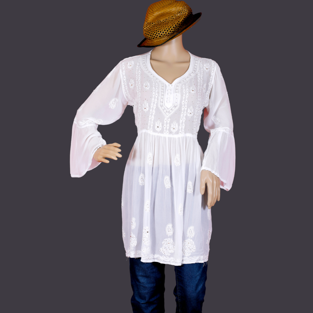 Viscose Georgette Short Kurti/ Top/ Tunic with Badla -Dyeable (White)