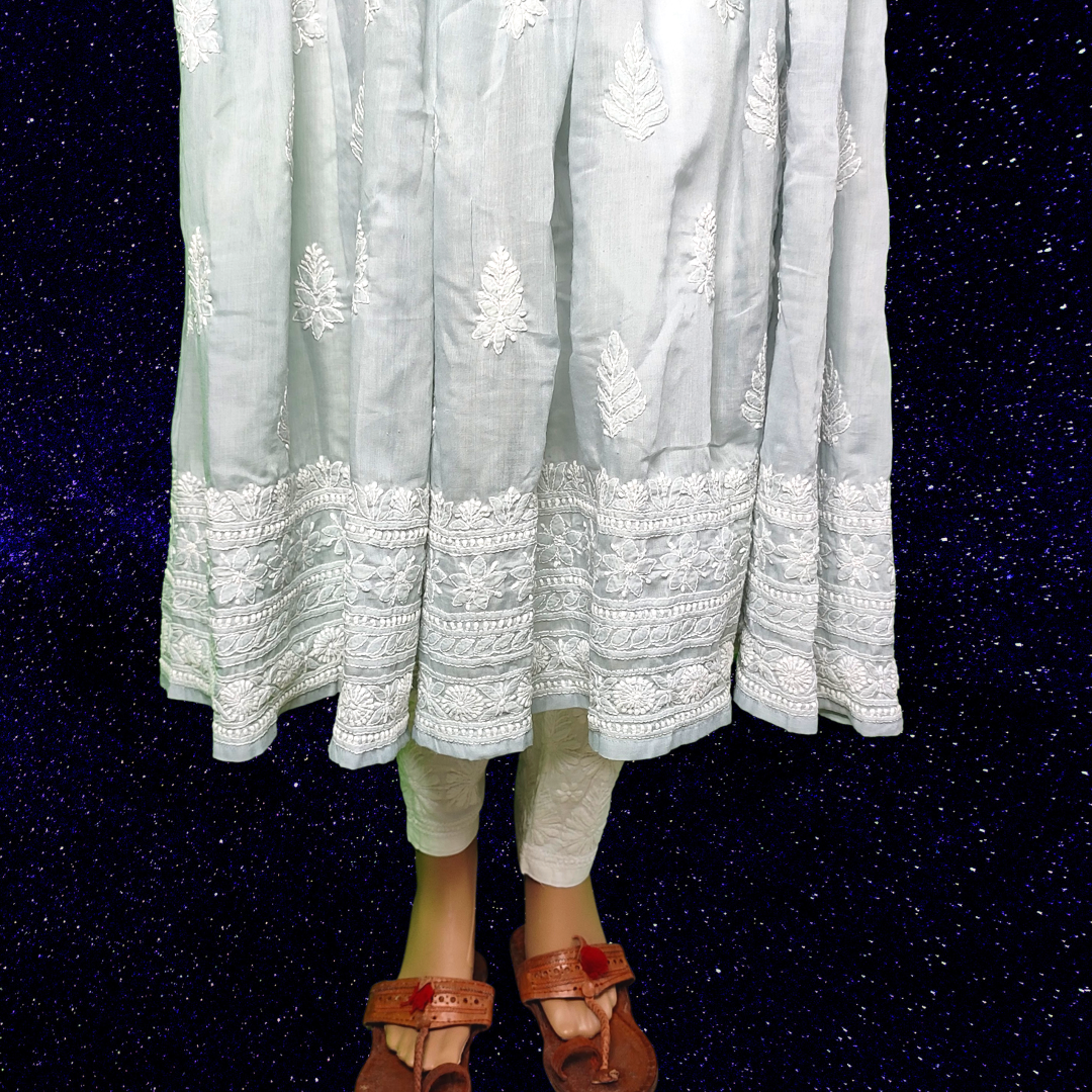 Cotton Chikankari Angarkha Style Long Kurta(Grey)