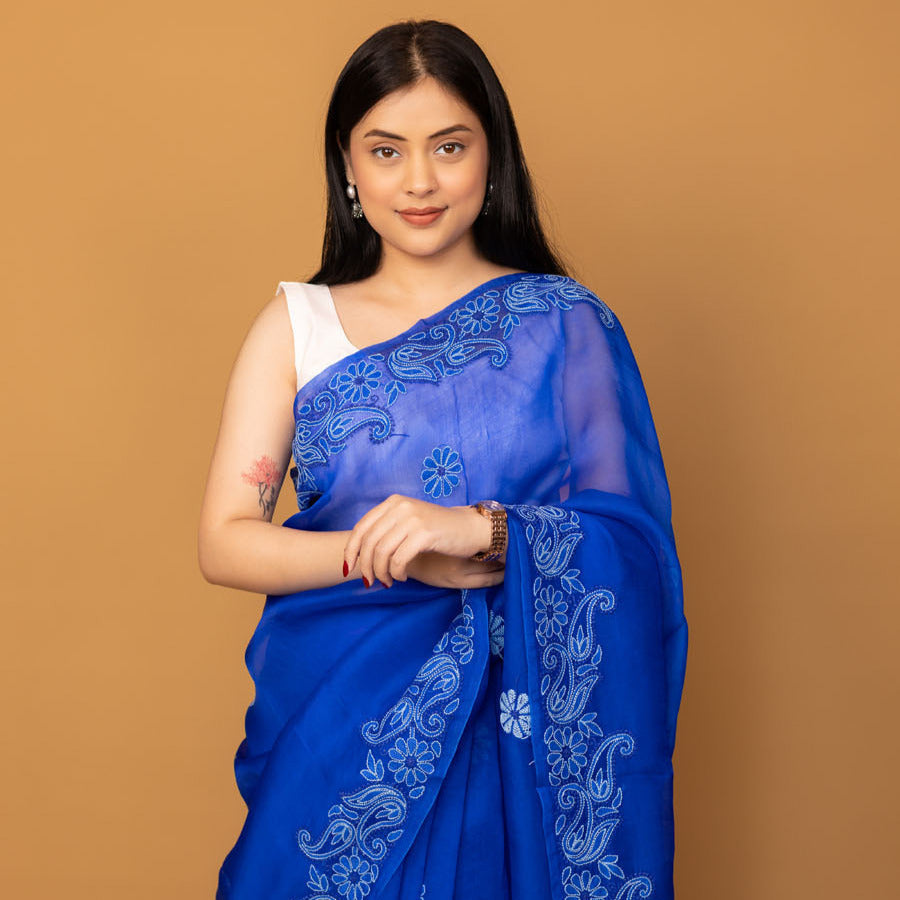 Model wearing handcrafted blue Chikankari Saree from The Manjari Journal by Manjari