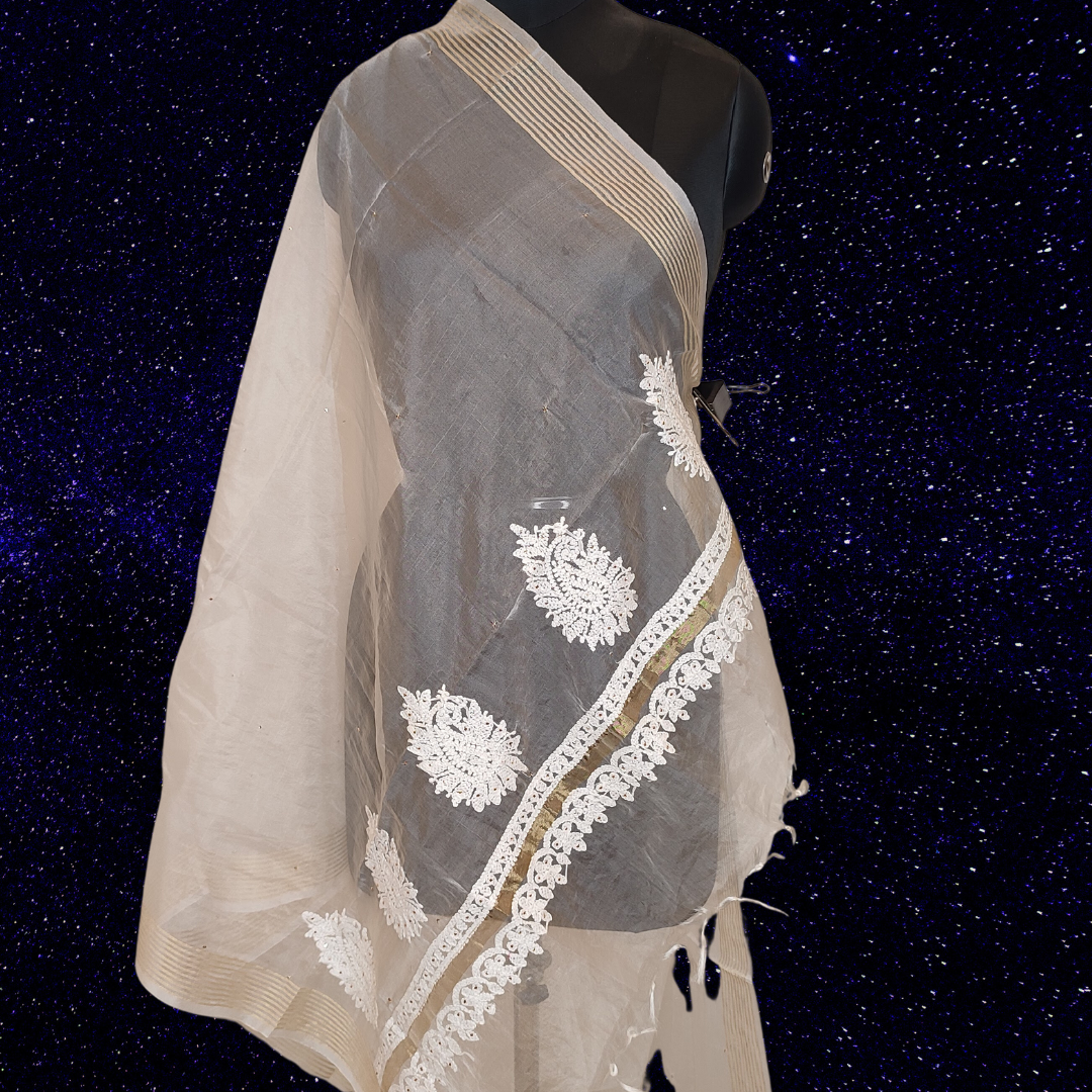 Organza Chikankari Dupatta with Badla (White)