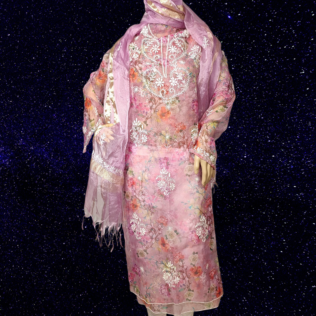 Organza Printed semi stitched Kurta Fabric and Dupatta- Dyeable (Purple-Wine)