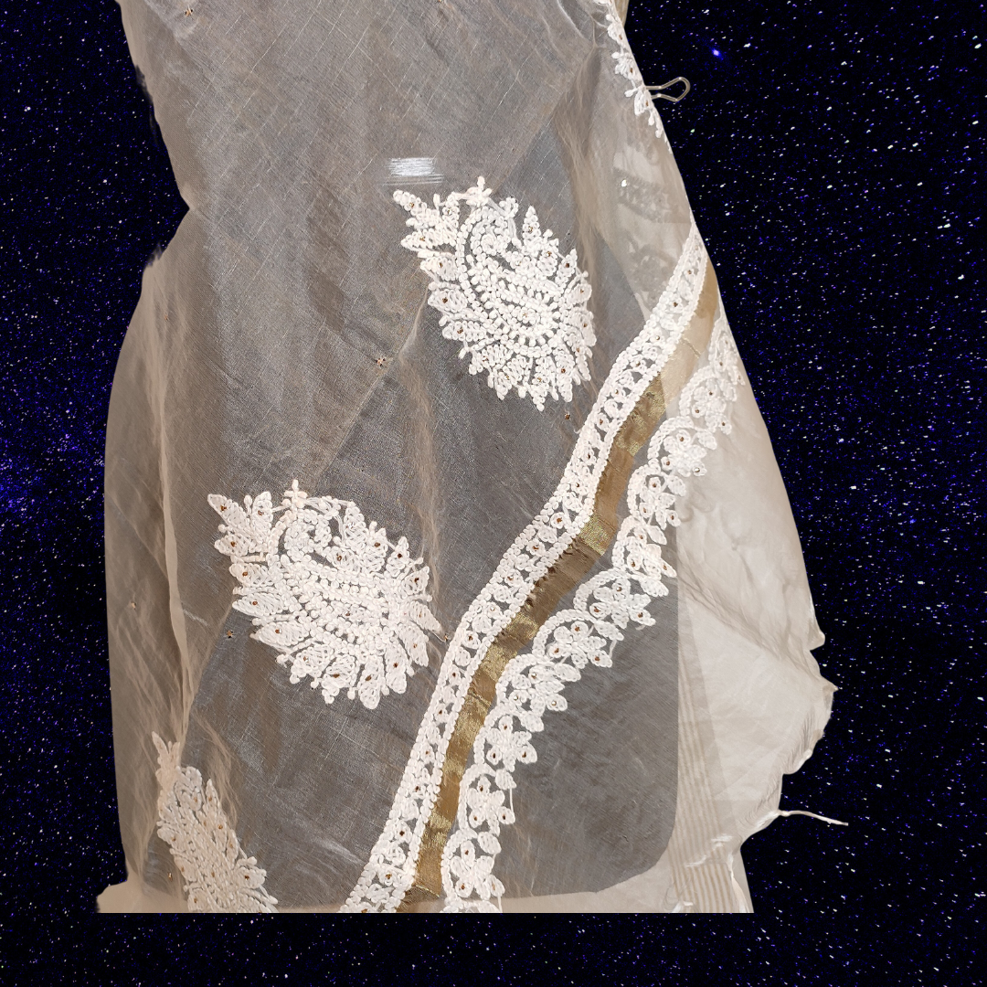 Organza Chikankari Dupatta with Badla (White)