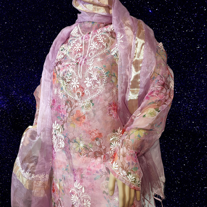 Organza Printed semi stitched Kurta Fabric and Dupatta- Dyeable (Purple-Wine)