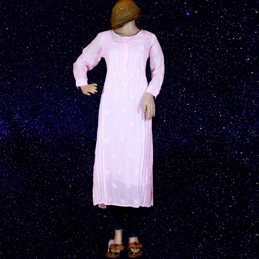 Muslin Side Block Chikankari Kurta with Slip (Pastel Pink)