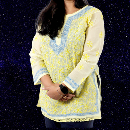 Cotton Chikankari Short Kurti/ Top (Lime Yellow)