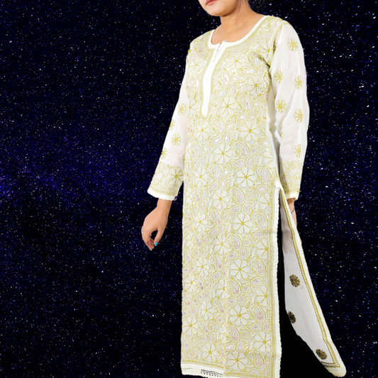 Cotton Chikankari Kurta with Gotapatti (Lime Yellow)
