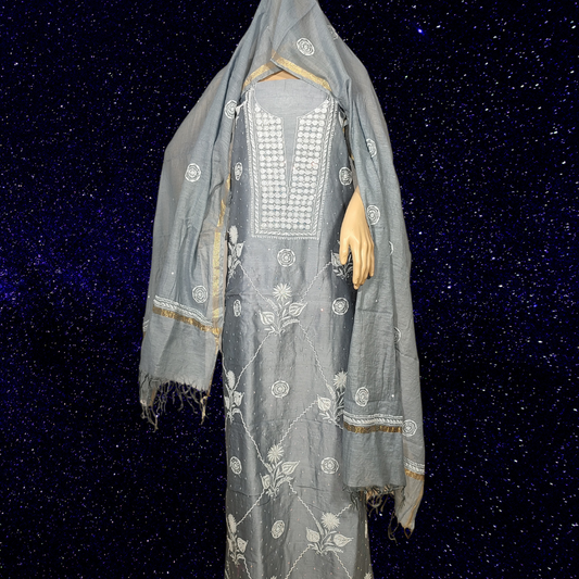 Chanderi Silk Kurta Fabric with Addons and Dupatta- Dyeable (Grey)