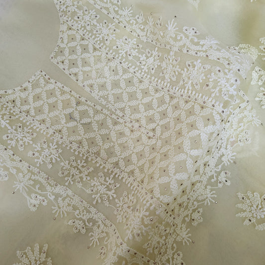 Pure Organza Silk Kurta Fabric with Badla work along with Dupatta - Pastel yellow