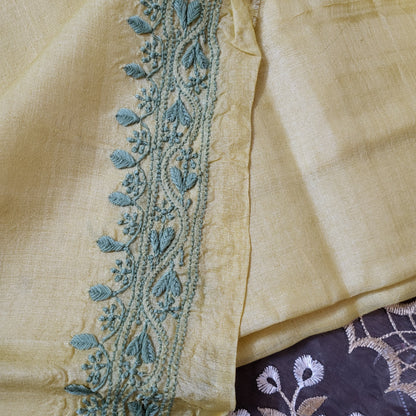 Tussar Silk Mens Chikankari Kurta Fabric ( Golden Yellow )